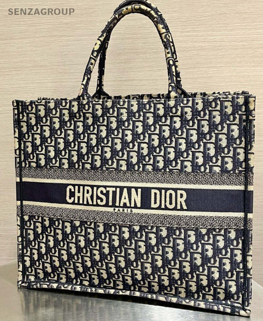 Christian Dior Book  Oblique Tote Handbag Beige Blue Used Women Classic