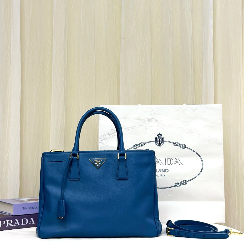 Prada Blue Medium Leather Top Handle Handbag For Women