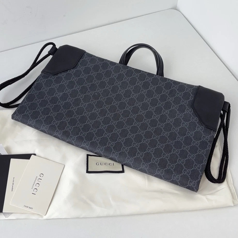 Excellent Gucci Black Monogram Drawstring Satchel Bag Handbag Backpack