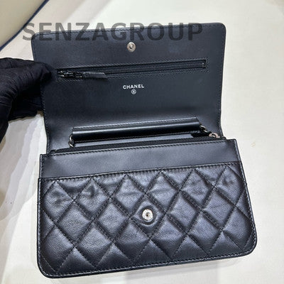 Chanel Badge WOC Black Silver Calfskin Chain Crossbody Bag Women