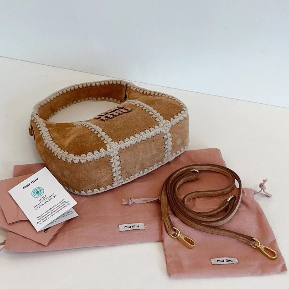 Miu Miu Wander Suede Top Handle Shoulder Bag Brown Gold Women Classic