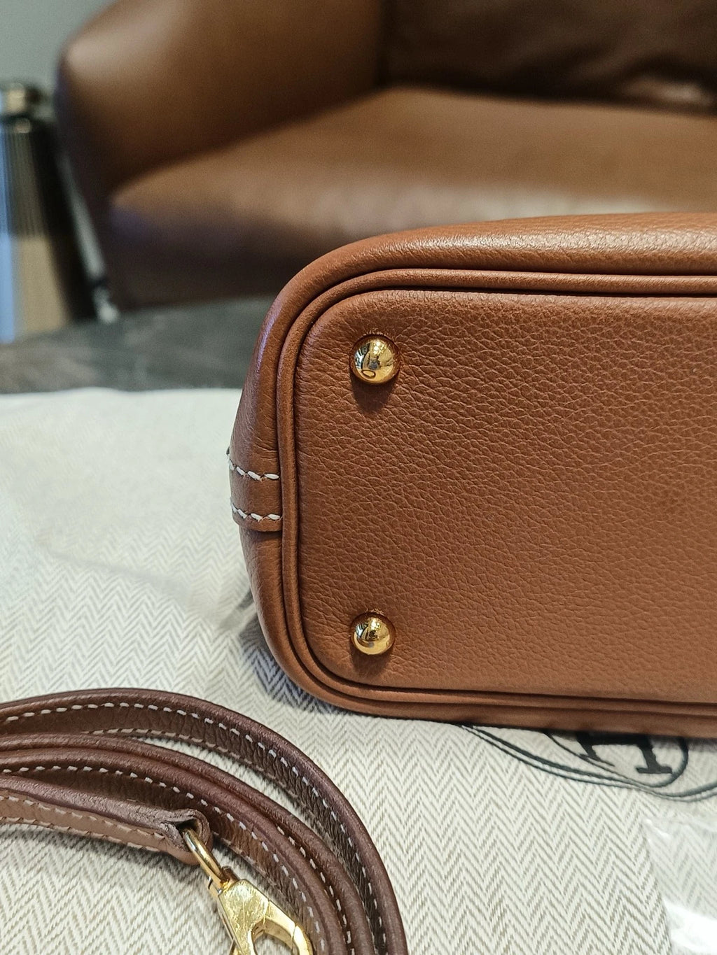 Hermes Bolide Mini Evercolor Leather Top Handle Crossbody Brown Gold Women