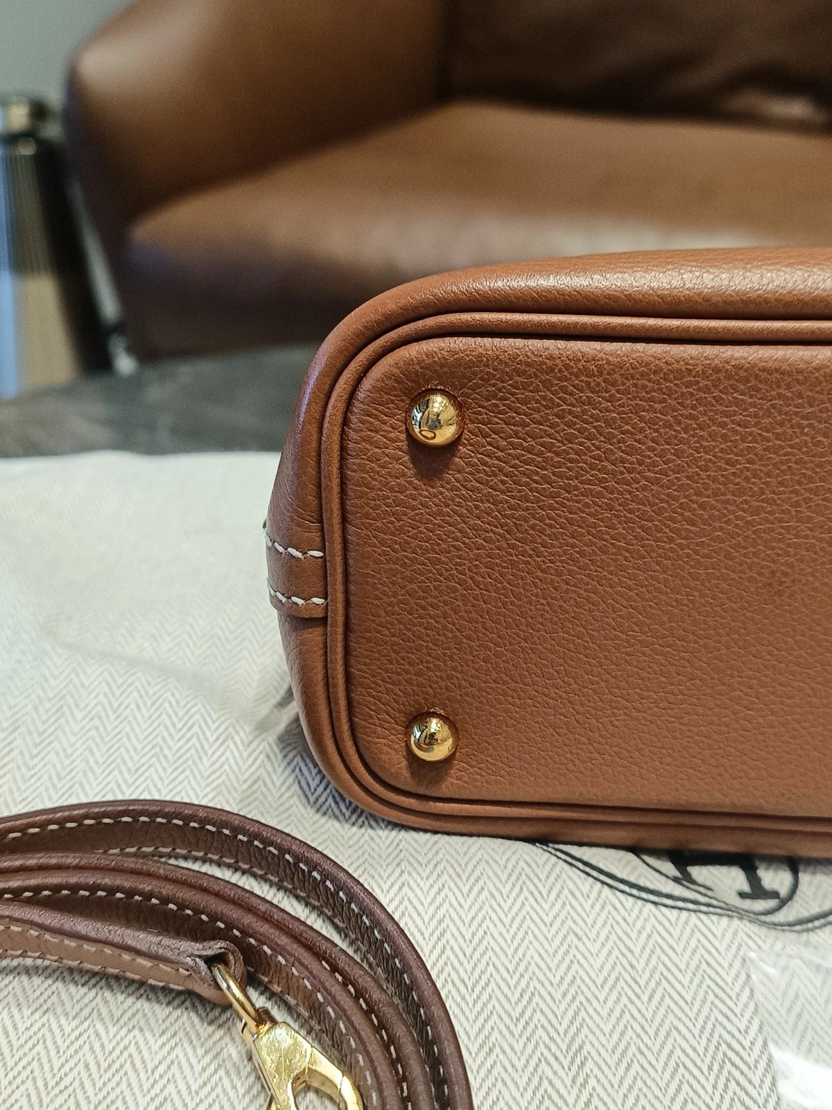 Hermes Bolide Mini Evercolor Leather Top Handle Crossbody Brown Gold Women