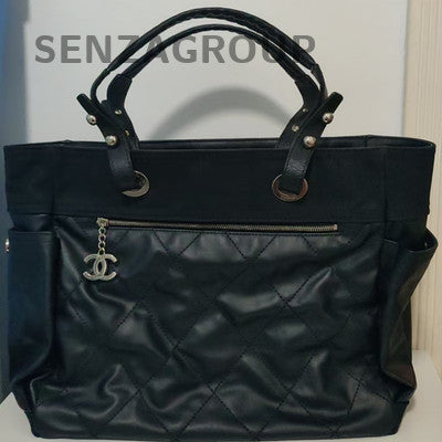 Chanel Classic Black Silver Quilted Tote Beach Shoulder Bag Women