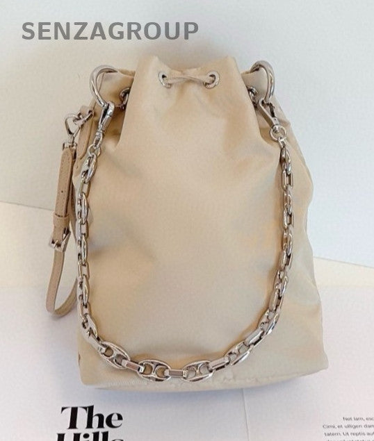 PRADA khaki color Silver Drawstring Bucket Shoulder bag Almost brand new
