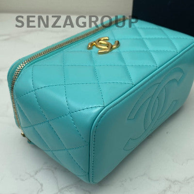 Chanel Quilted Blue Gold Leather Vanity Case Handbag Shoulder Bag