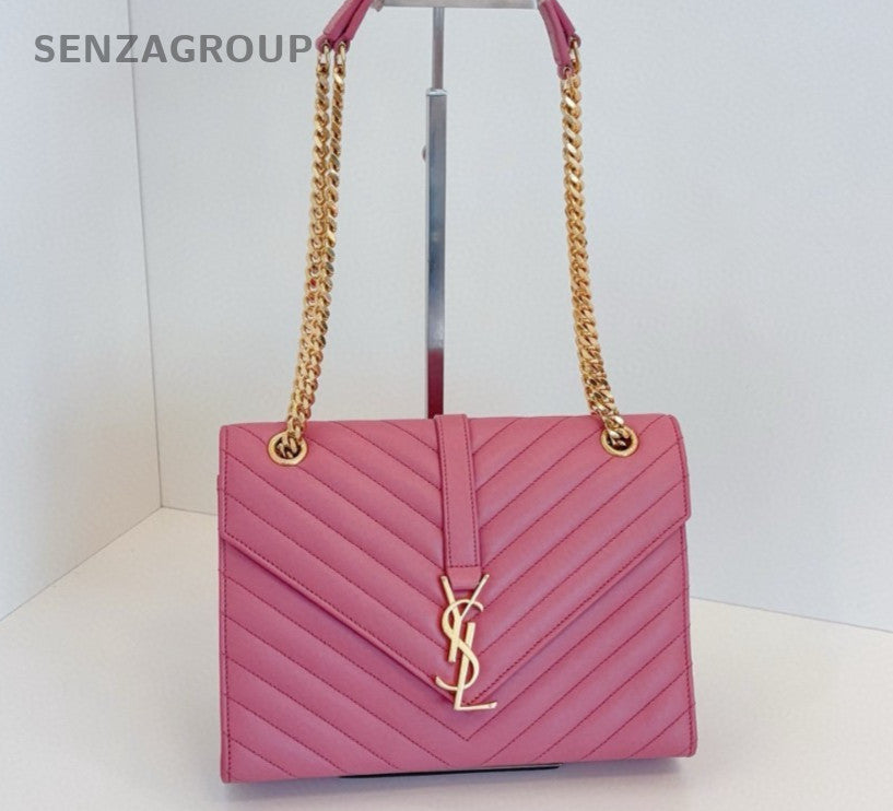 Saint Laurent Envelope MM Chain Shoulder Bag Crossbody Pink Gold Women Classic
