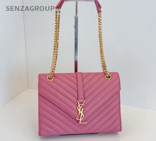Saint Laurent Envelope MM Chain Shoulder Bag Crossbody Pink Gold Women Classic