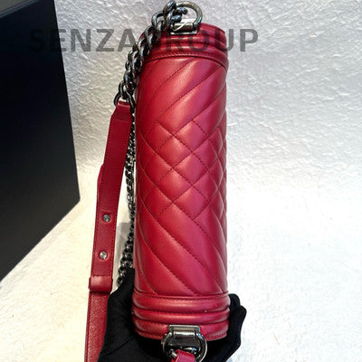 Chanel Medium Le Boy Red Silver Quilted Chain Shoulder Bag Classic Women