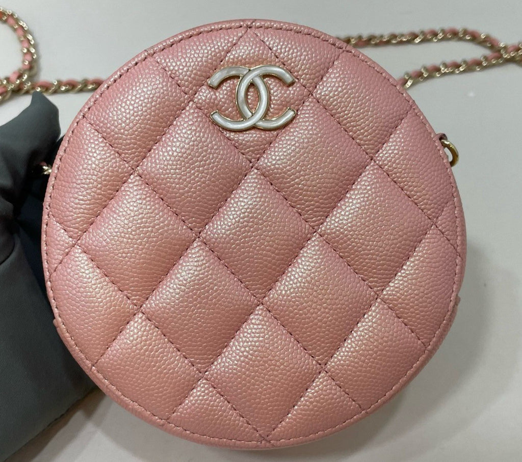 Chanel Diamond Lambskin Round Bag Chain Crossbody Pink Gold Women Classic