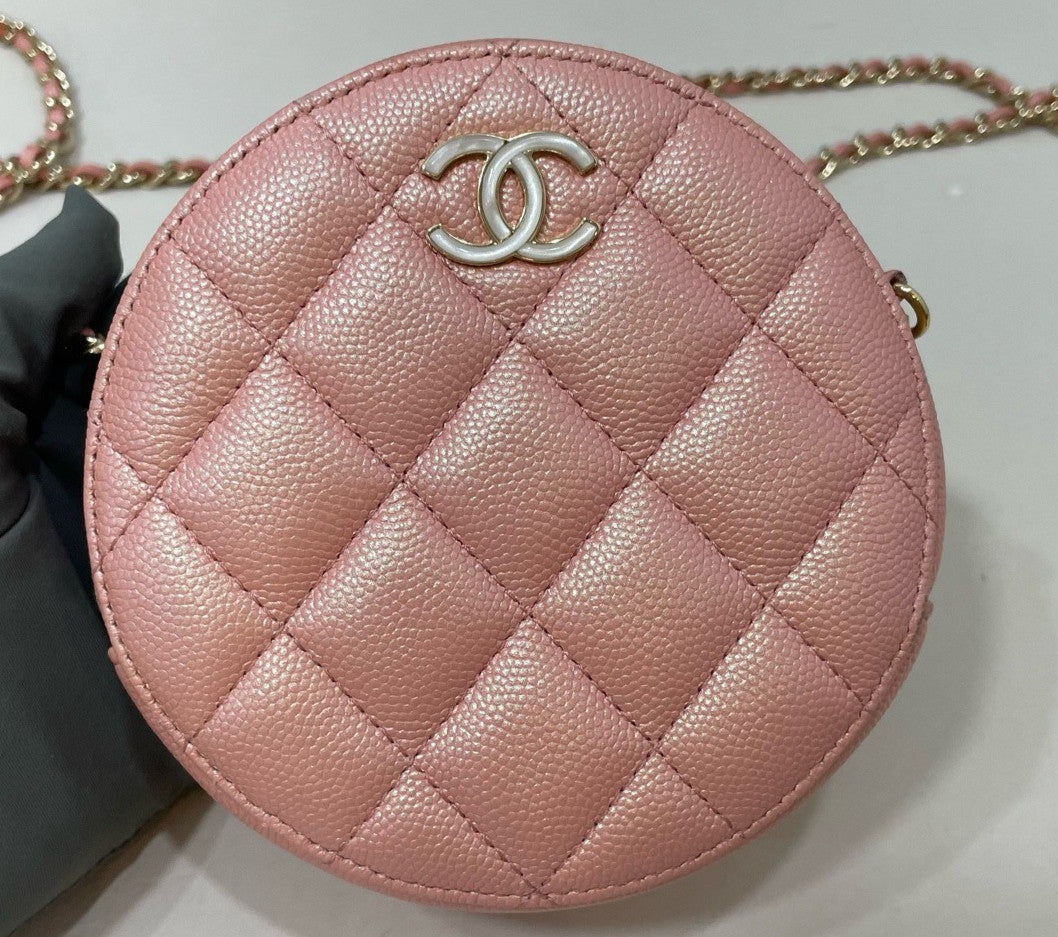 Chanel Diamond Lambskin Round Bag Chain Crossbody Pink Gold Women Classic