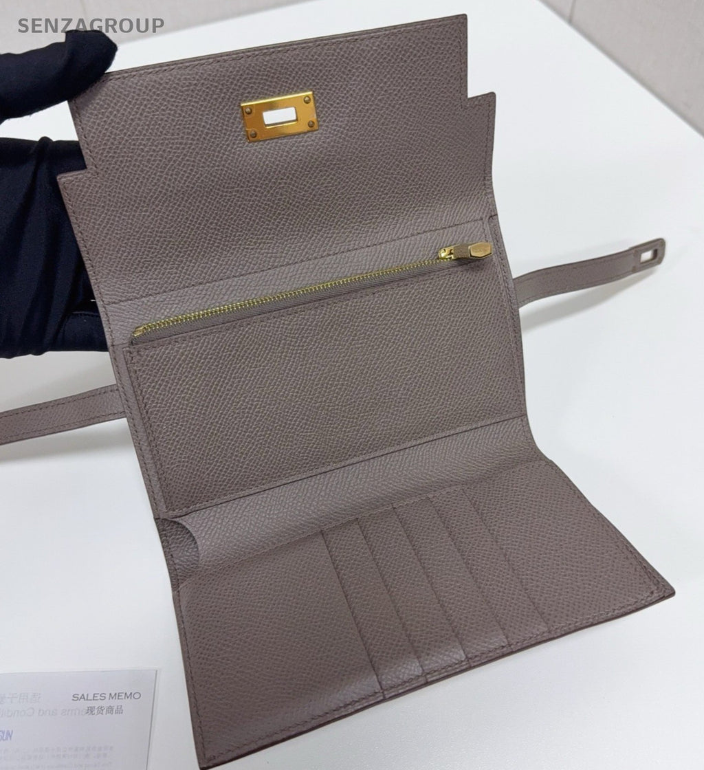 Hermes Kelly Medium Wallet Gray Gold Used Women Classic Fashion