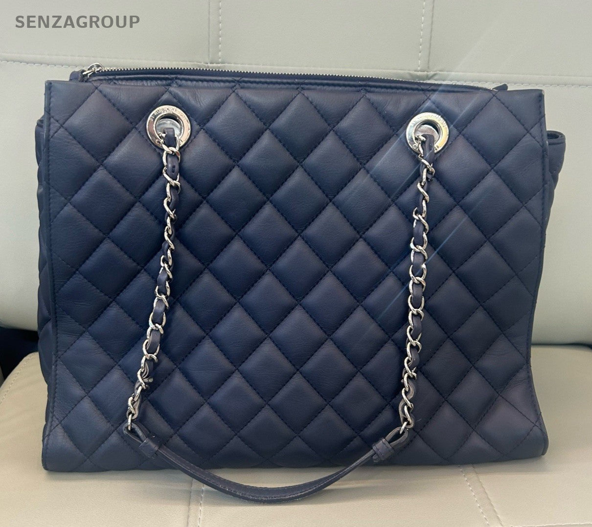 Chanel Tote Chain Handbag Shoulder Bag Diamond Blue Silver Women Classic