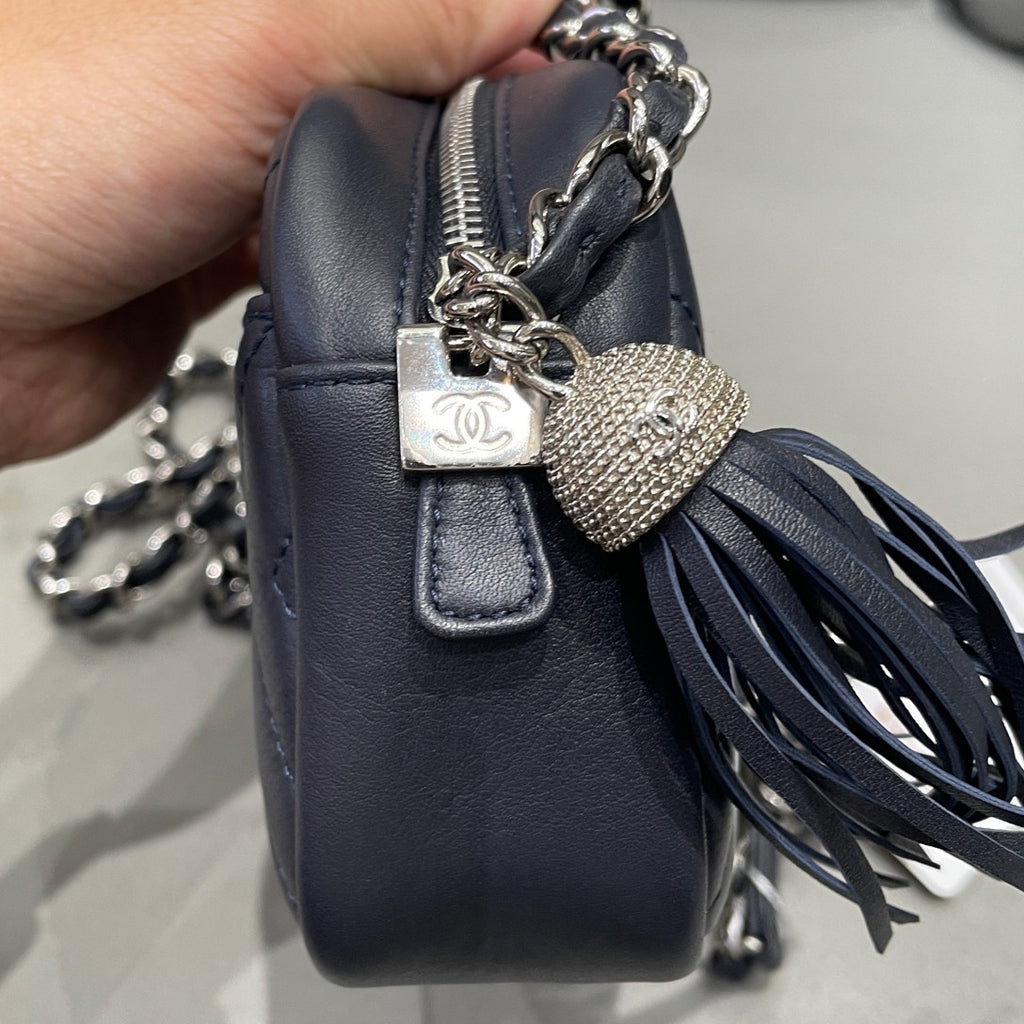 Chanel Navy Blue Silver Hardware Tassel Camera Bag Chain Shoulder Crossbody