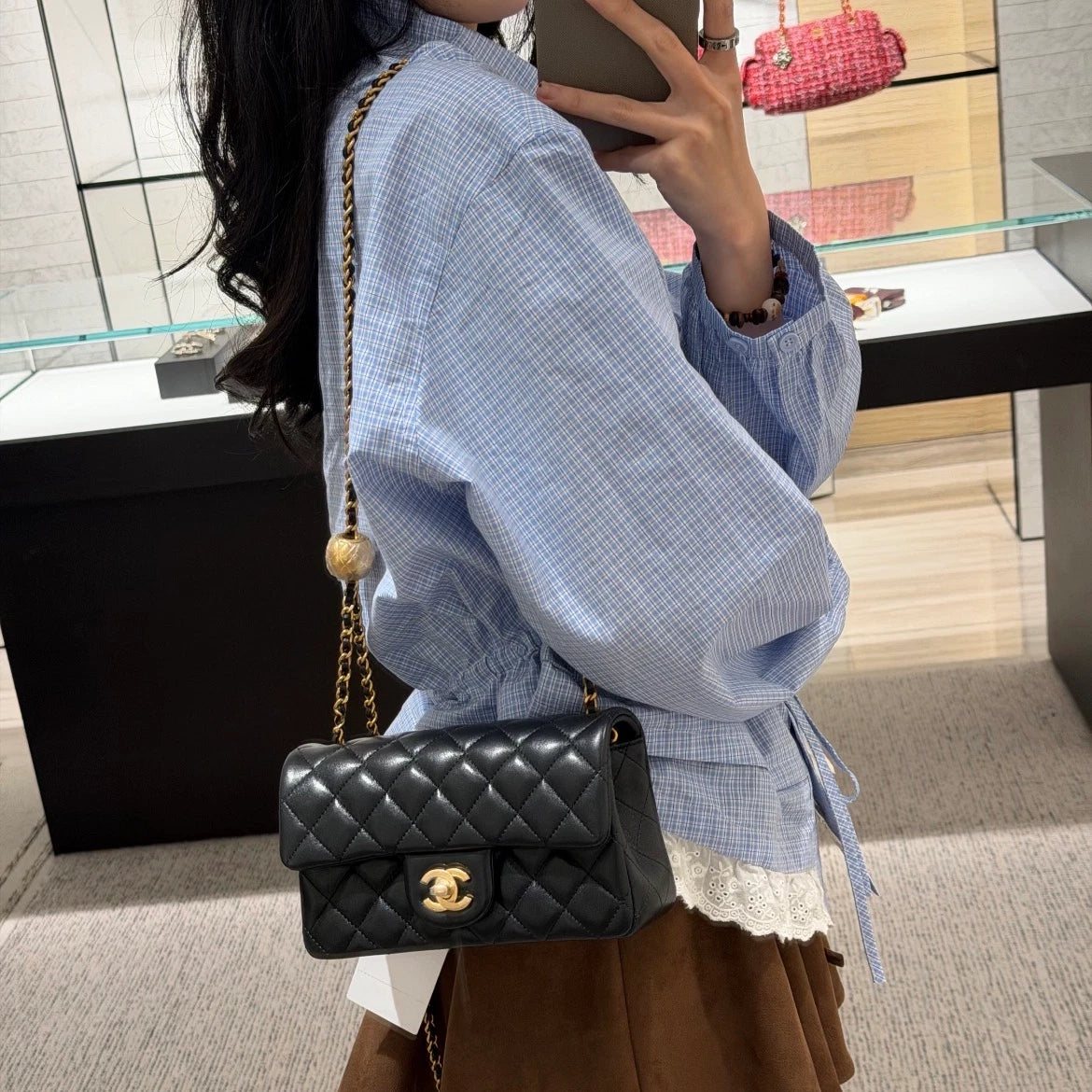 Chanel Classic Flap Mini Chain Shoulder Crossbody Black Gold Women Diamond