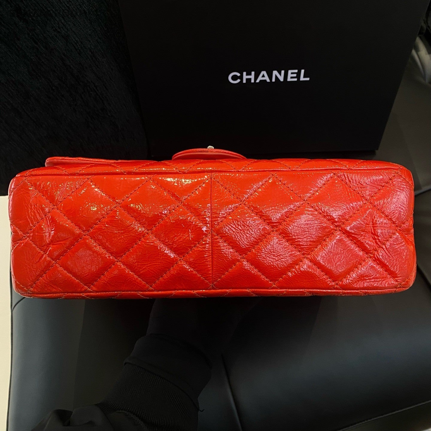 Chanel Diamond GM Calfskin Chain Shoulder Bag Crossbody Red Silver Women Classic