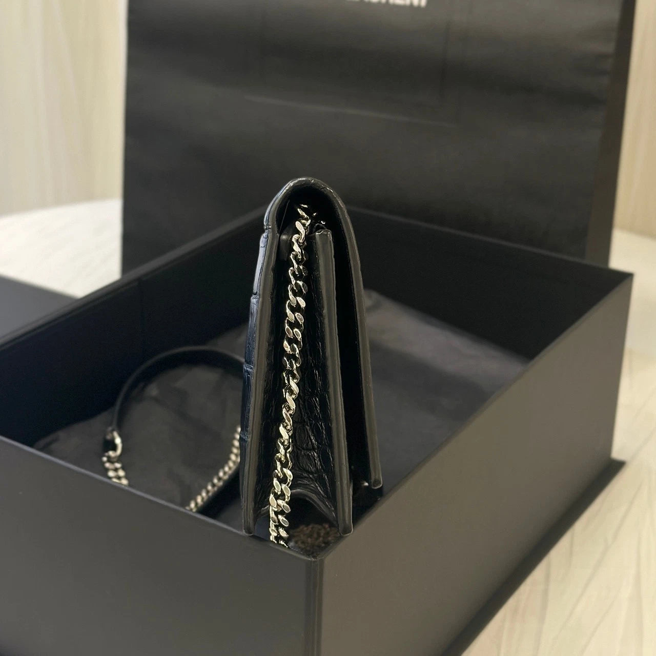 YSL Mini Croc Embossed Black Silver Chain Shoulder Bag For Women