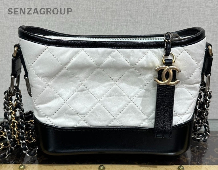 CHANEL LEBOY PM Diamond Pattern Chain Shoulder Bag White Black Women Classic