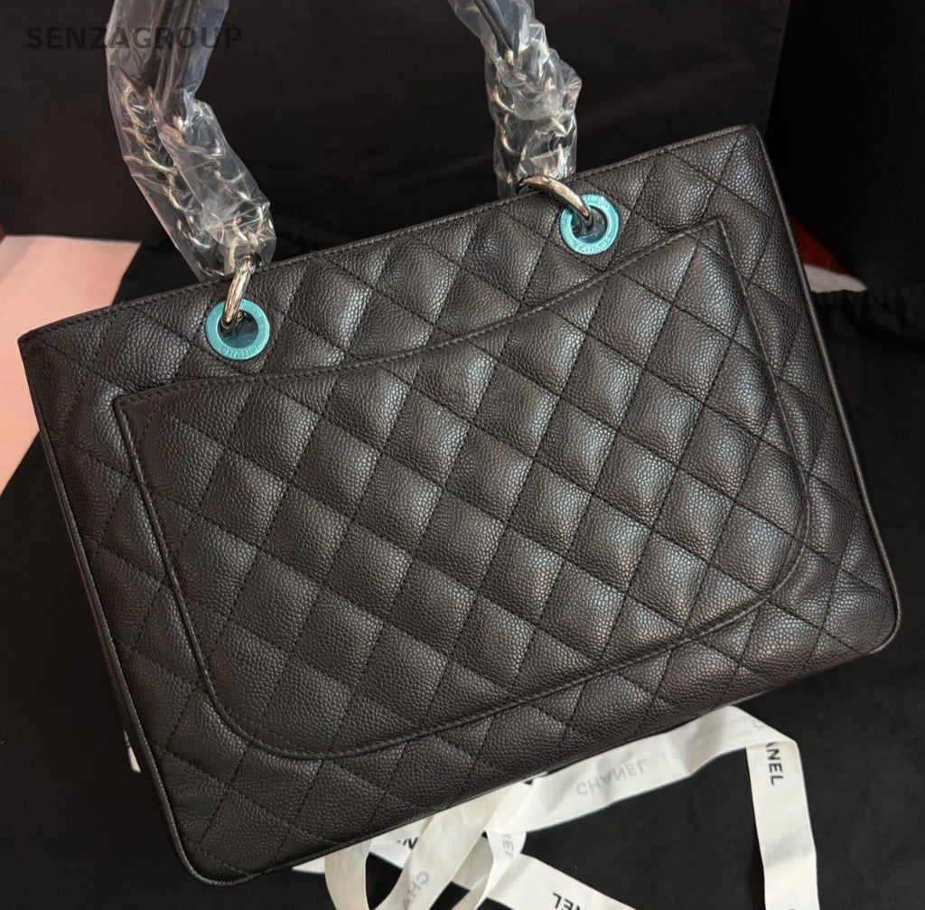 Chanel GST MM Calfskin Tote Chain Shoulder Bag Black Silver Women Classic