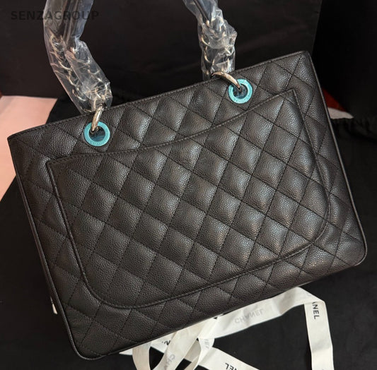 Chanel GST MM Calfskin Tote Chain Shoulder Bag Black Silver Women Classic