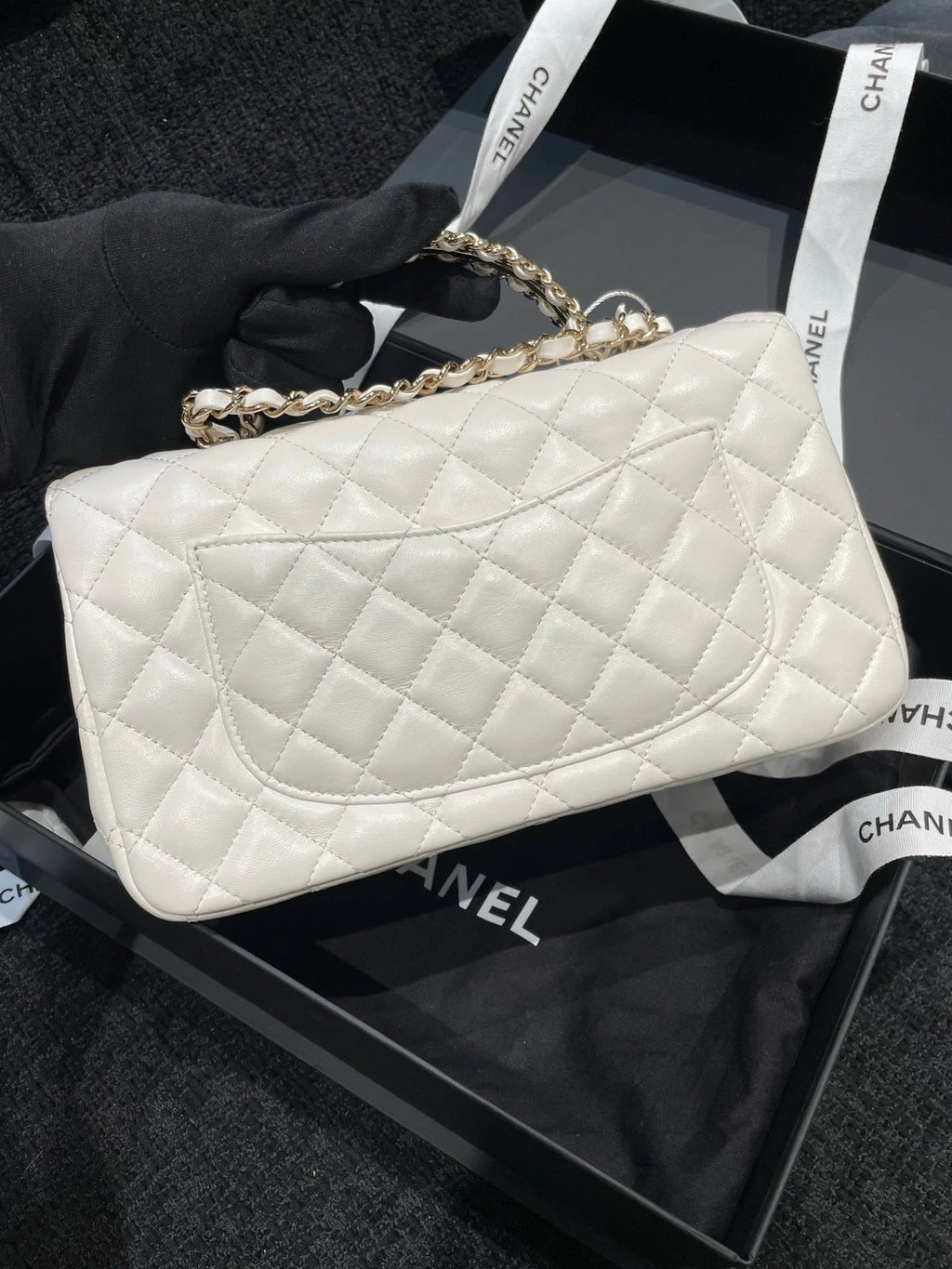 CHANEL Lambskin Rhinestone Handle White Gold CF Bag For Women