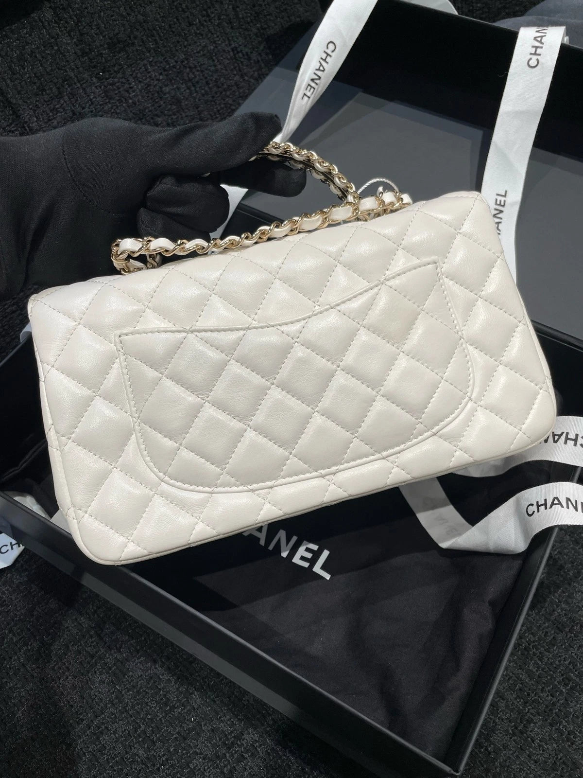 CHANEL Lambskin Rhinestone Handle White Gold CF Bag For Women