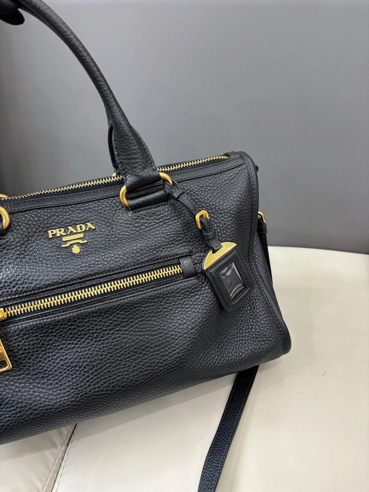 Prada Tote Black 2Ways Top Handle Shoulder Bag Gold Hardware Women Classic