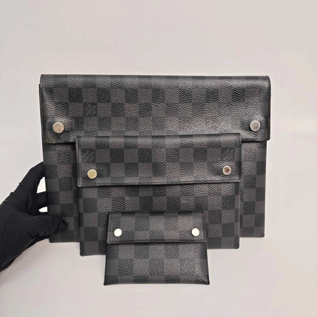 Louis Vuitton Black Grey Canvas Alpha Triple Clutch Bag For Women