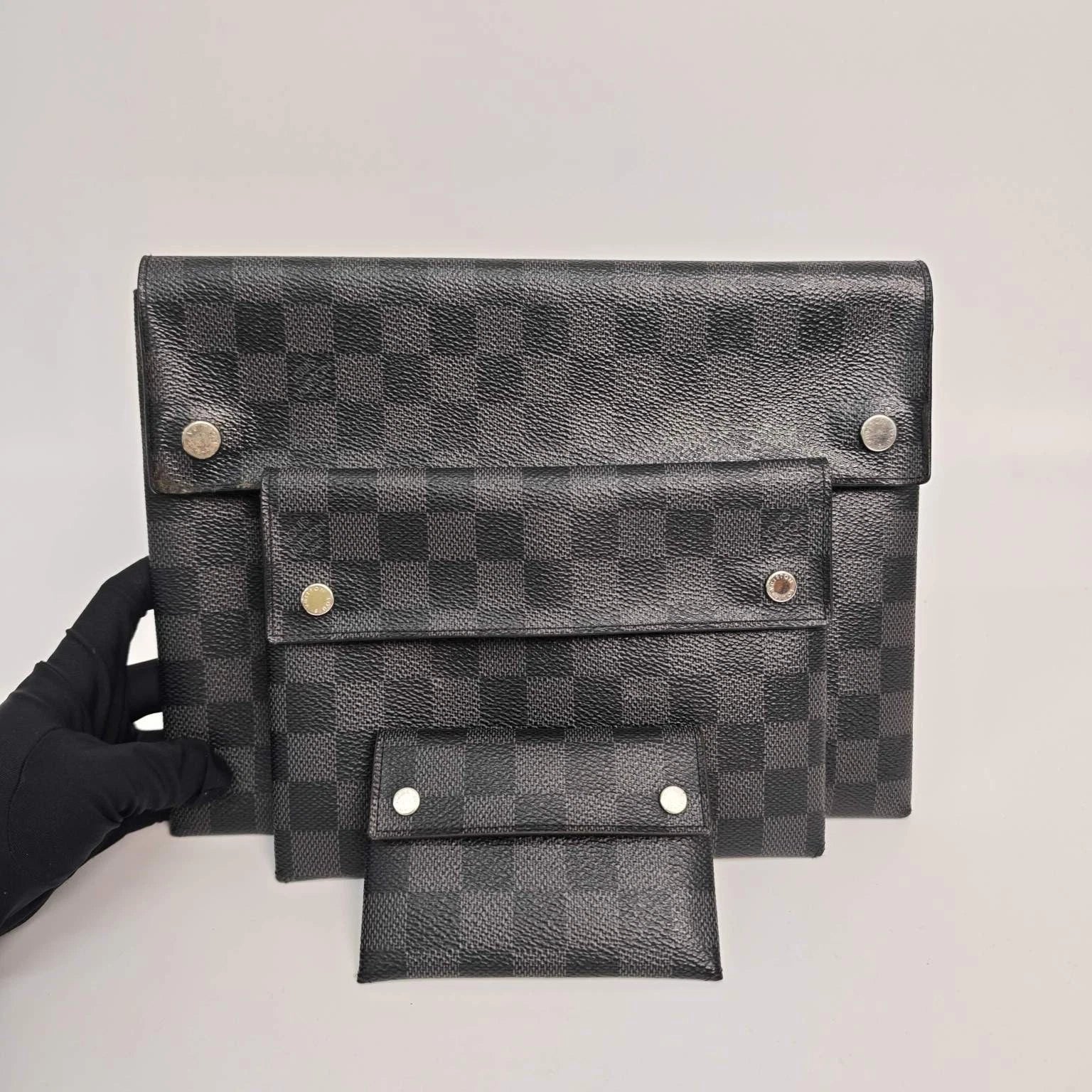 Louis Vuitton Black Grey Canvas Alpha Triple Clutch Bag For Women