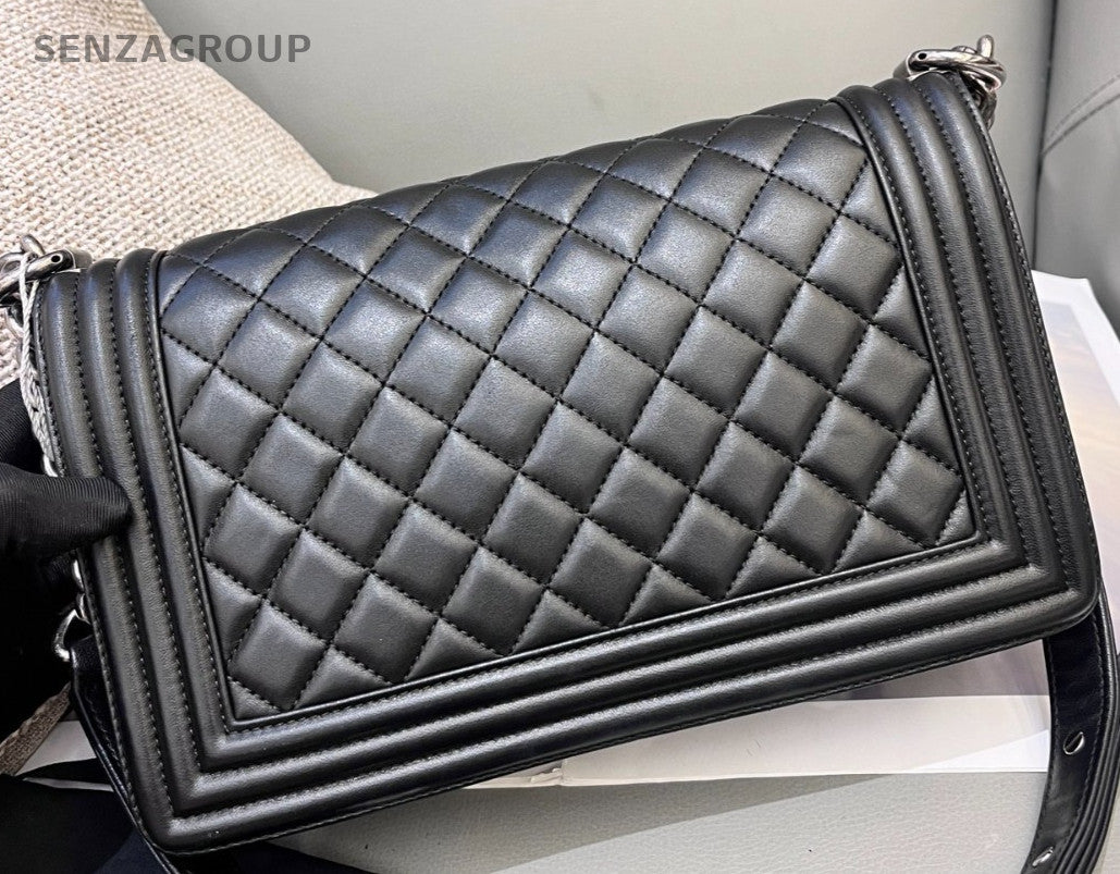 Chanel Leboy MM Lambskin Chain Shoulder Bag Black Silver Used Women Classic