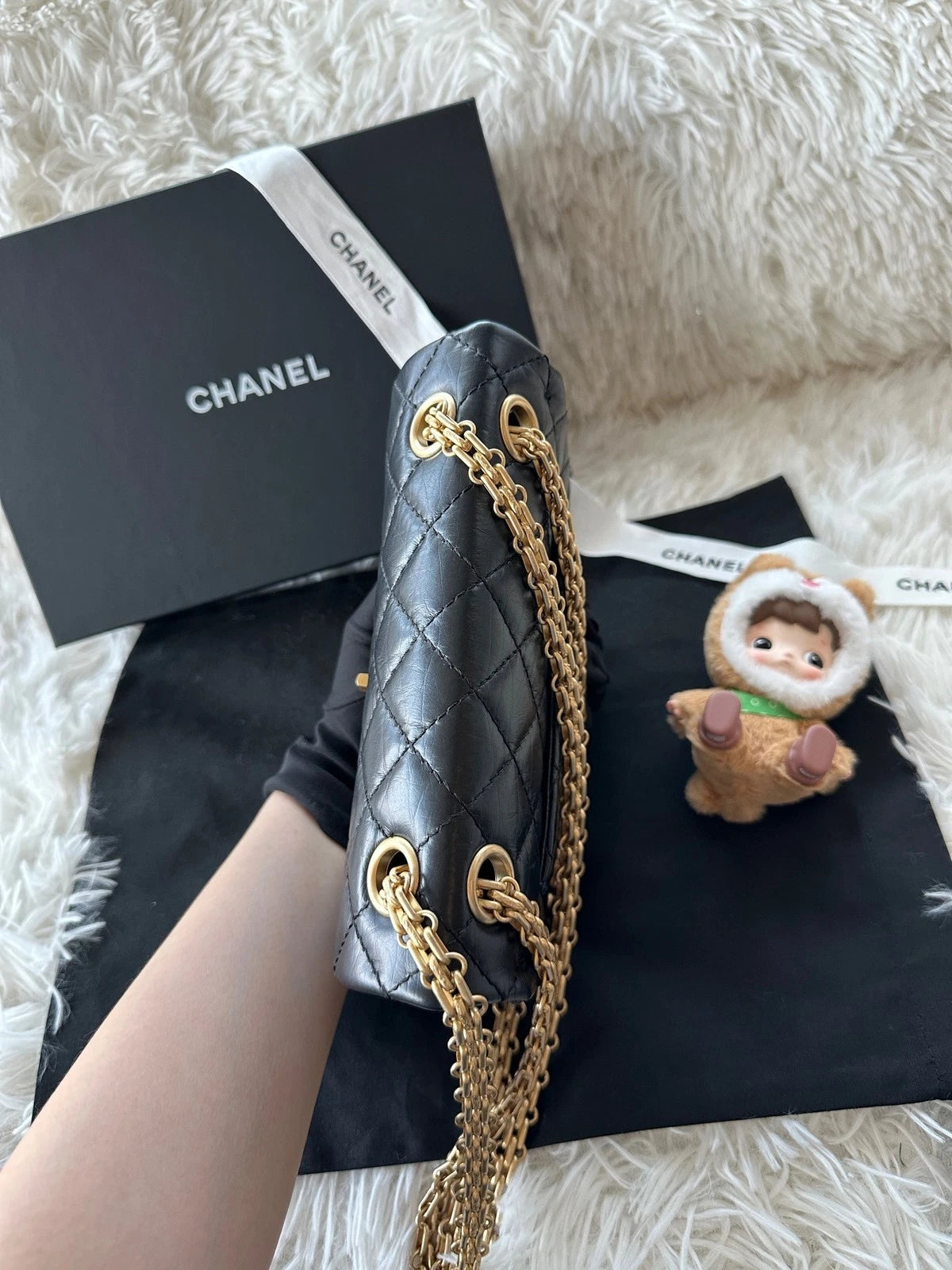 Chanel 2.55 Mini Black Gold Calfskin Shoulder Bag For Women