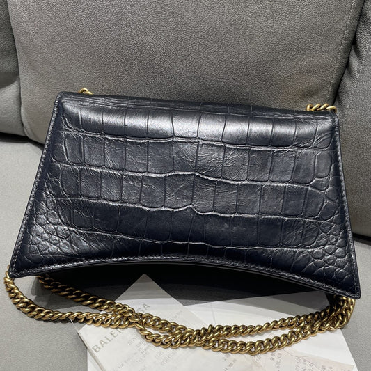 Balenciaga Black Gold Croc Embossed Crush Small Chain Crossbody Bag