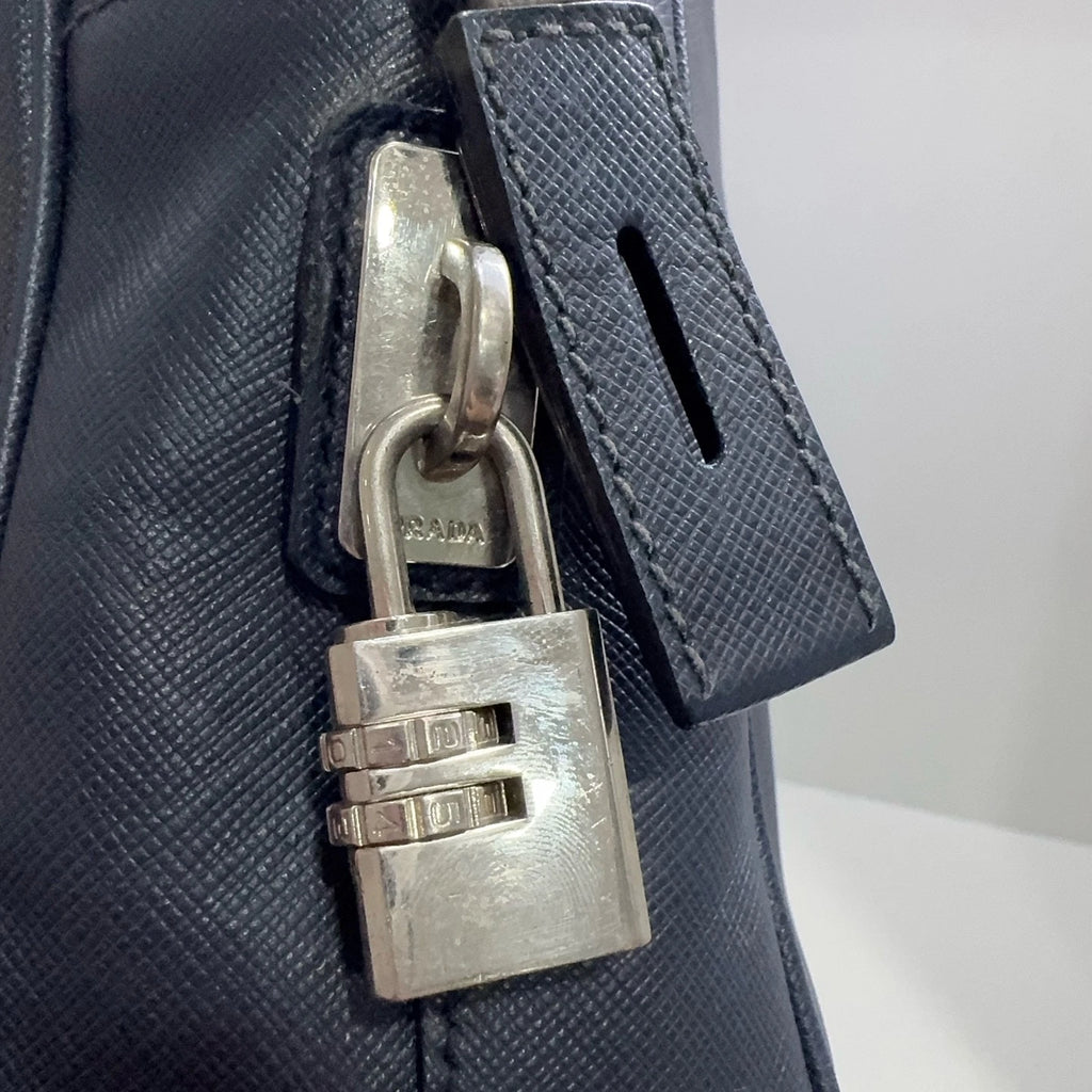 PRADA Navy Blue Leather Handbag Laptop Briefcase For Women