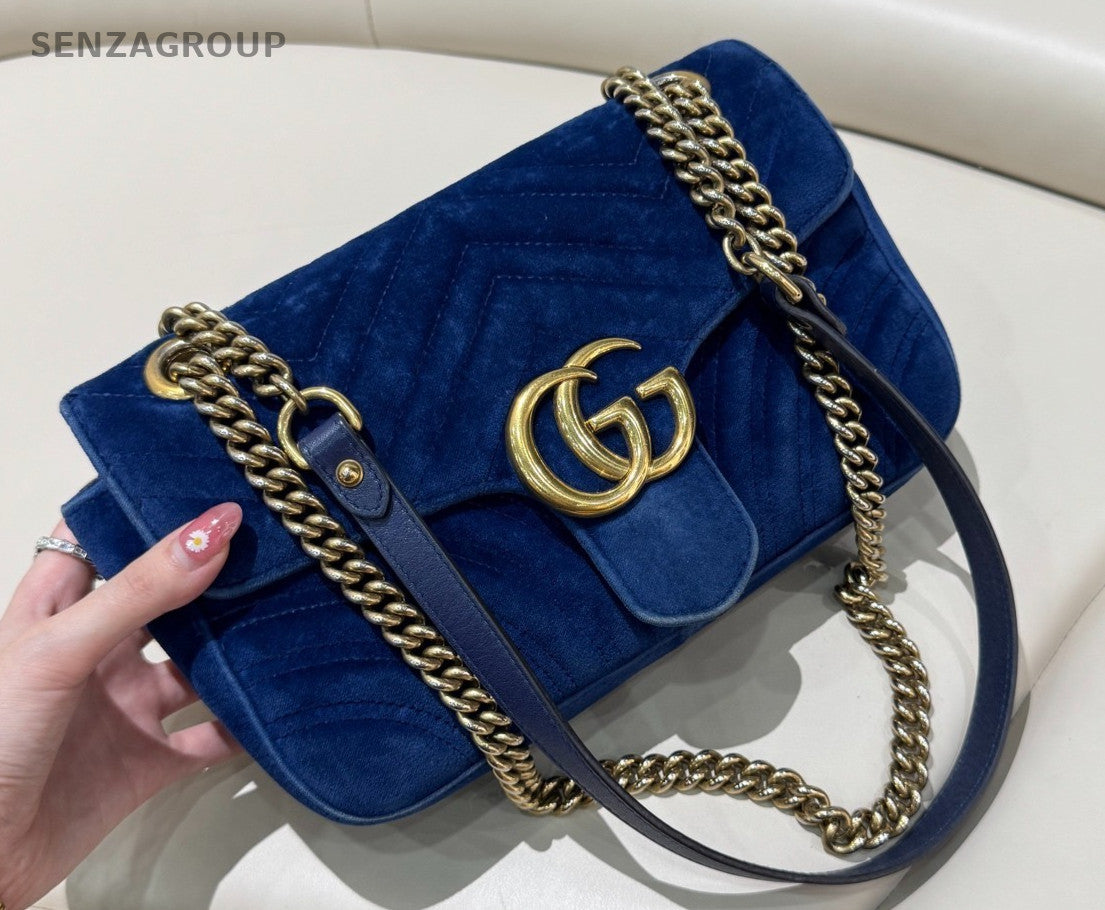 GUCCI GG Marmont 26 velvet Chain Shoulder bag Crossbody Blue Gold Women Classic
