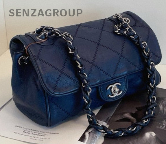 Chanel Classic Flap Chain Calfskin Shoulder Bag Blue Silver Diamond Women