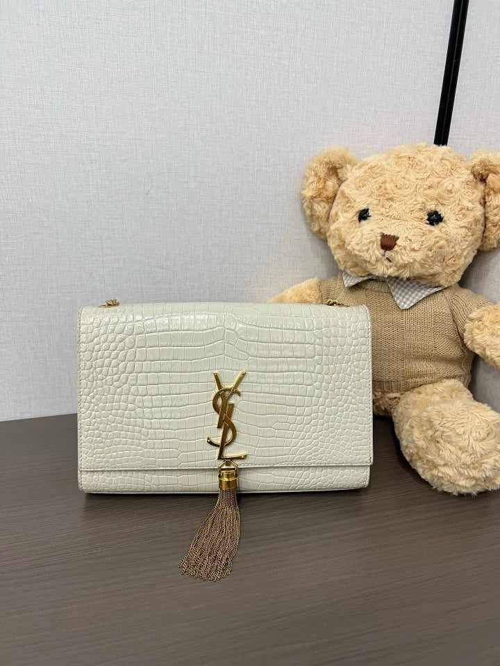 YSL White Crocodile Embossed Leather Tassel Kate Shoulder Bag For Women