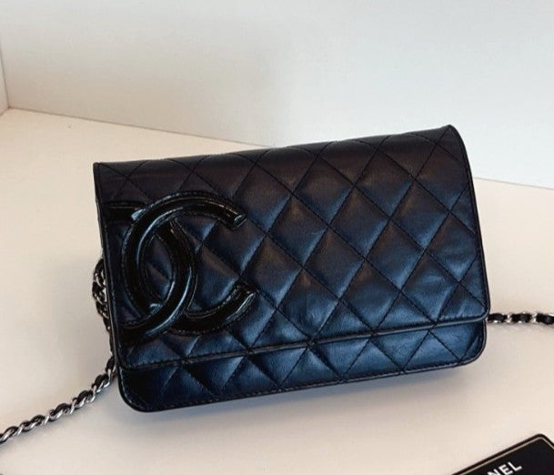 Chanel Cambon WOC Calfskin Chain Shoulder Bag Crossbody Black Silver Women