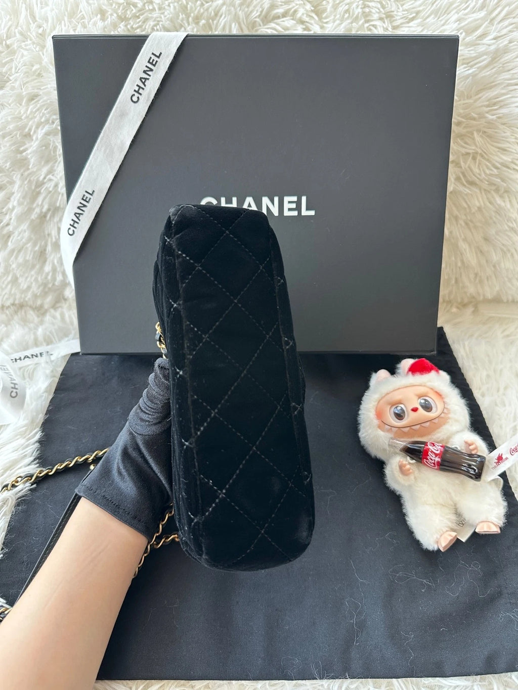 CHANEL Small Black Gold Velvet Shoulder Bag For Women
