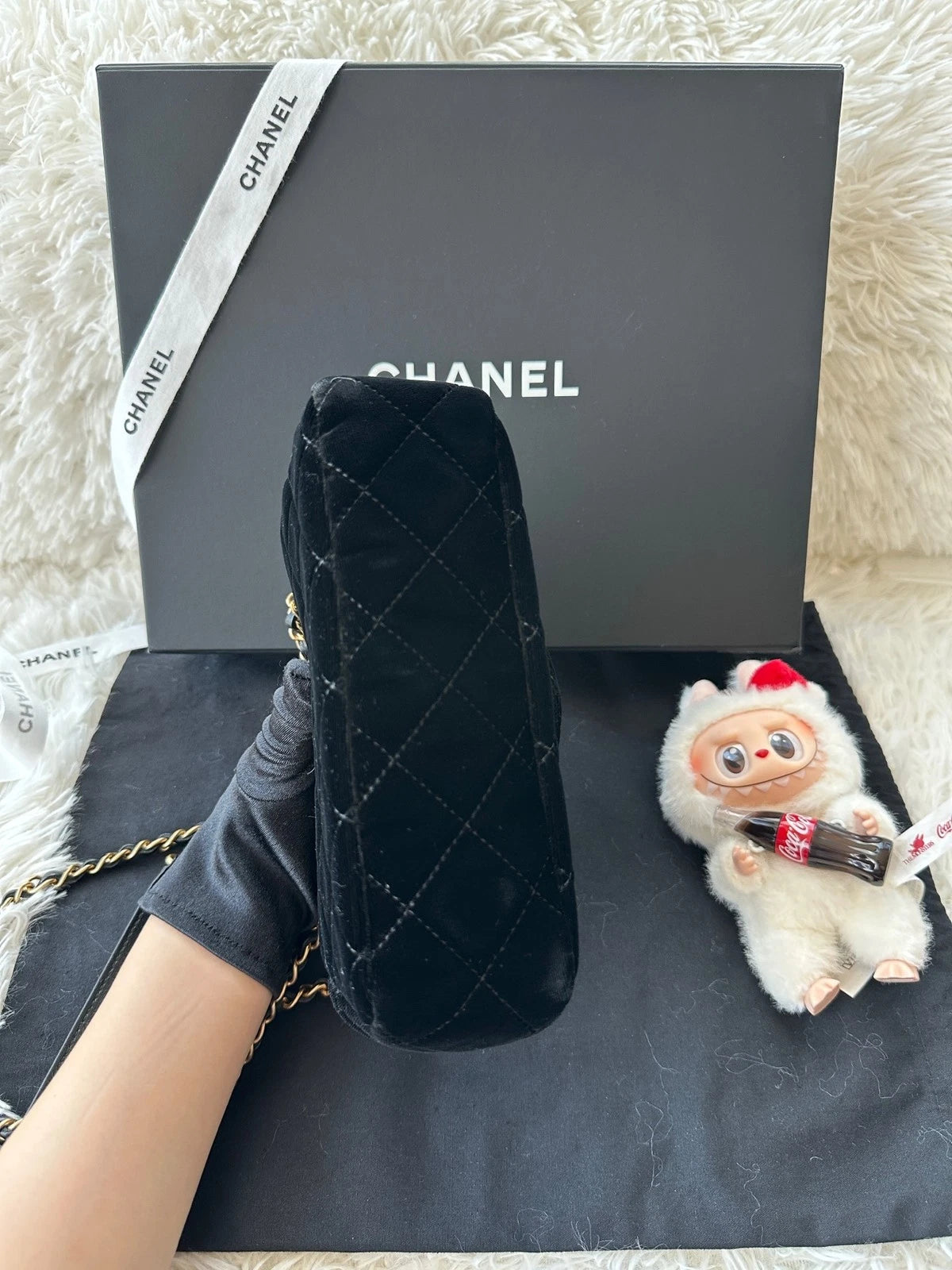 CHANEL Small Black Gold Velvet Shoulder Bag For Women