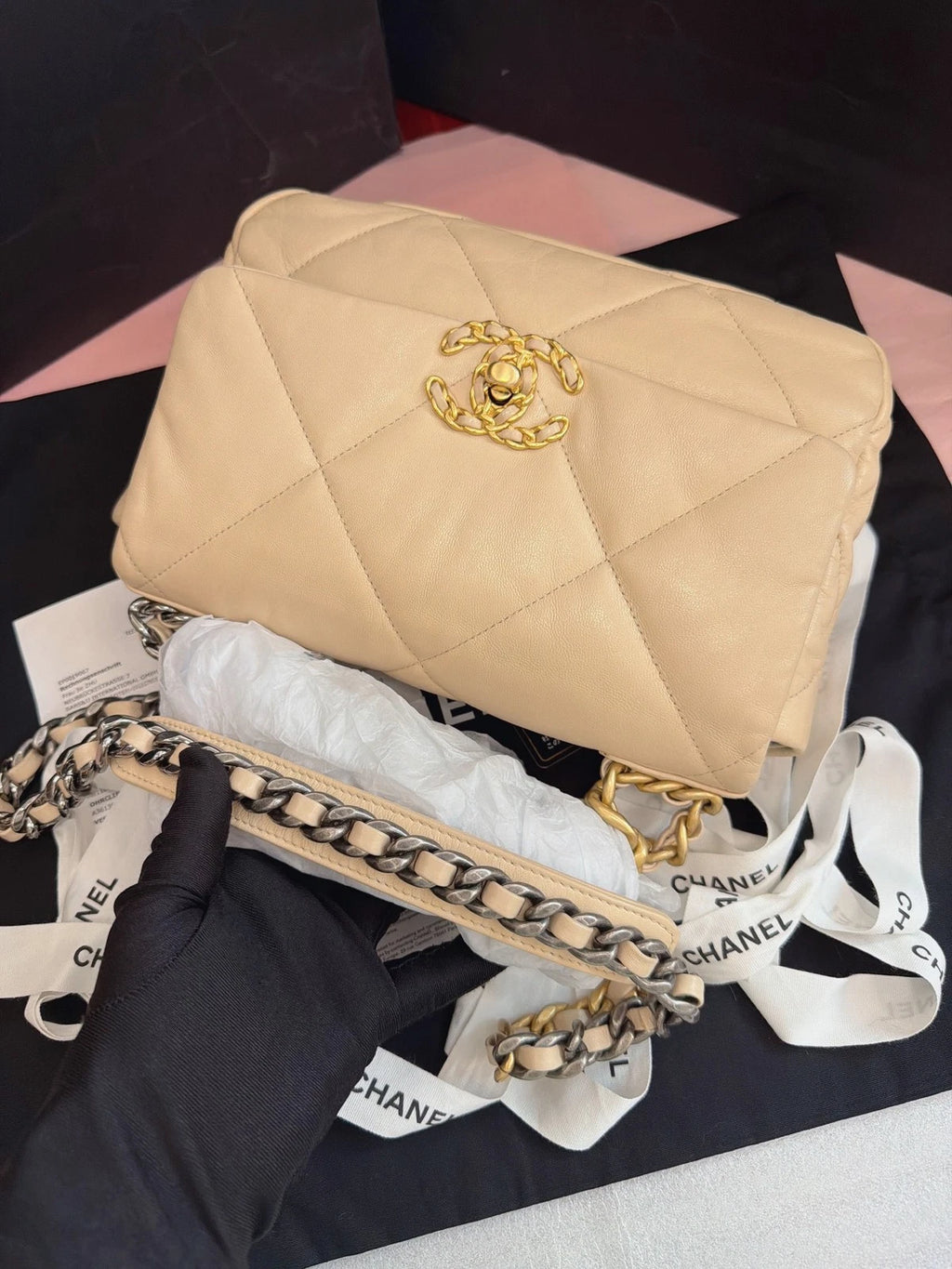 Chanel 19Bag PM Chain Shoulder Bag Crossbody Beige Gold Women Classic