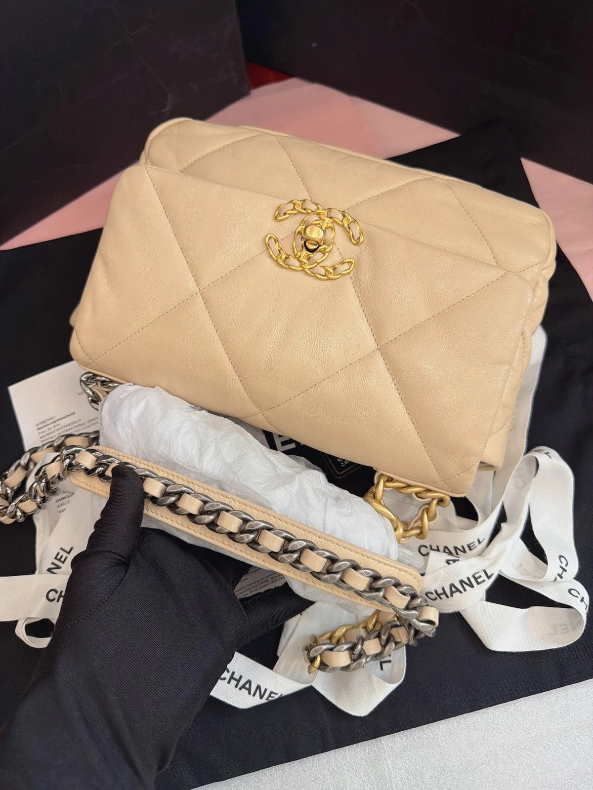 Chanel 19Bag PM Chain Shoulder Bag Crossbody Beige Gold Women Classic