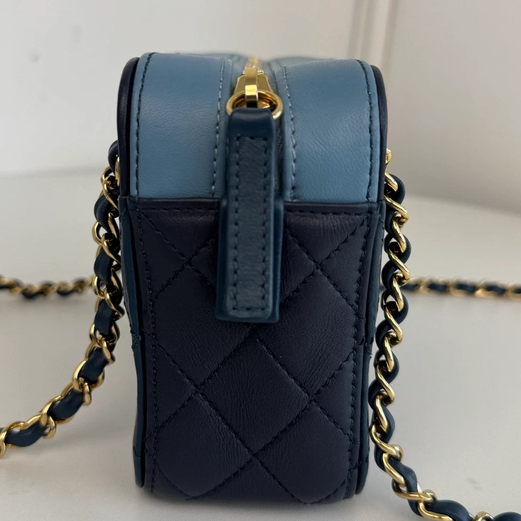 Chanel Diamond Camera Bag Double Chain Blue Shoulder Bag Gold Hardware