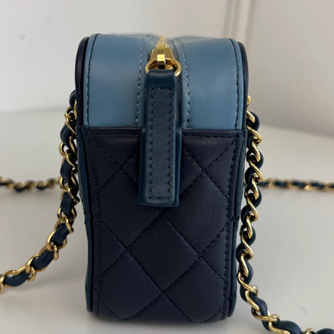 Chanel Diamond Camera Bag Double Chain Blue Shoulder Bag Gold Hardware