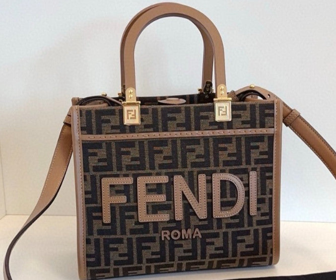 Fendi Sunshine Tote PM Monogram Top Handle Shoulder Bag Brown Almost Brand New