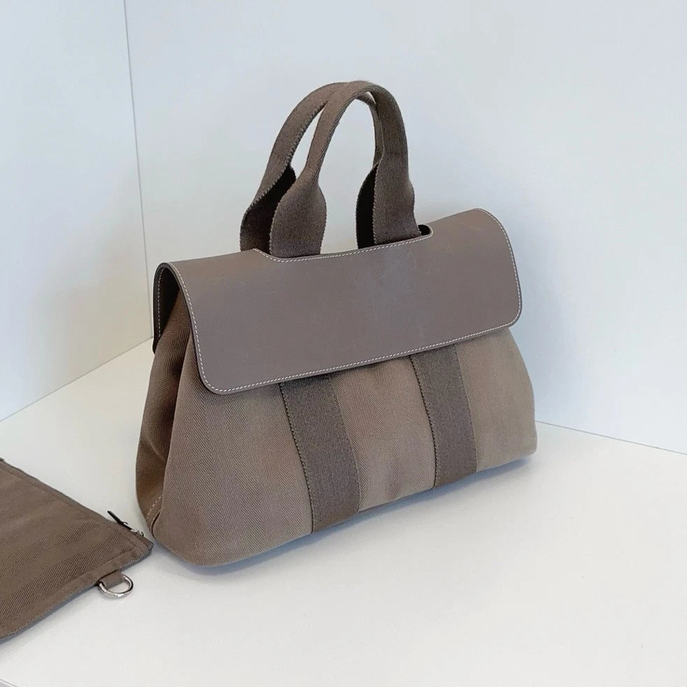Authentic Hermes Valparaiso Canvas Top Handle Bag Grey