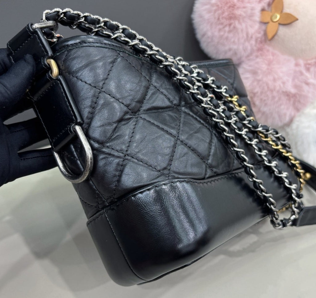 Chanel Gabrielle PM Chain Shoulder Bag Crossbody Black Gold Diamond Women