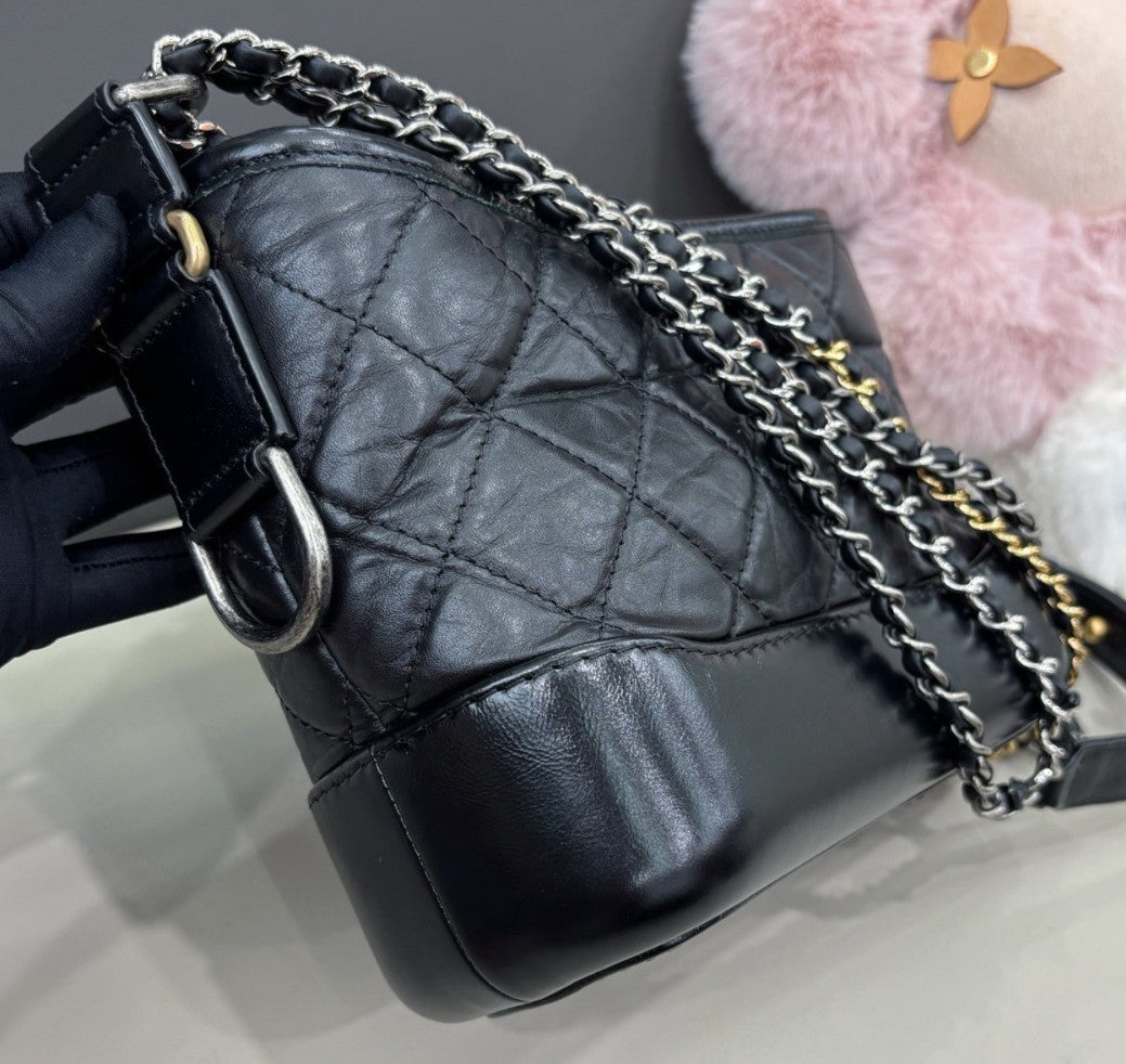 Chanel Gabrielle PM Chain Shoulder Bag Crossbody Black Gold Diamond Women