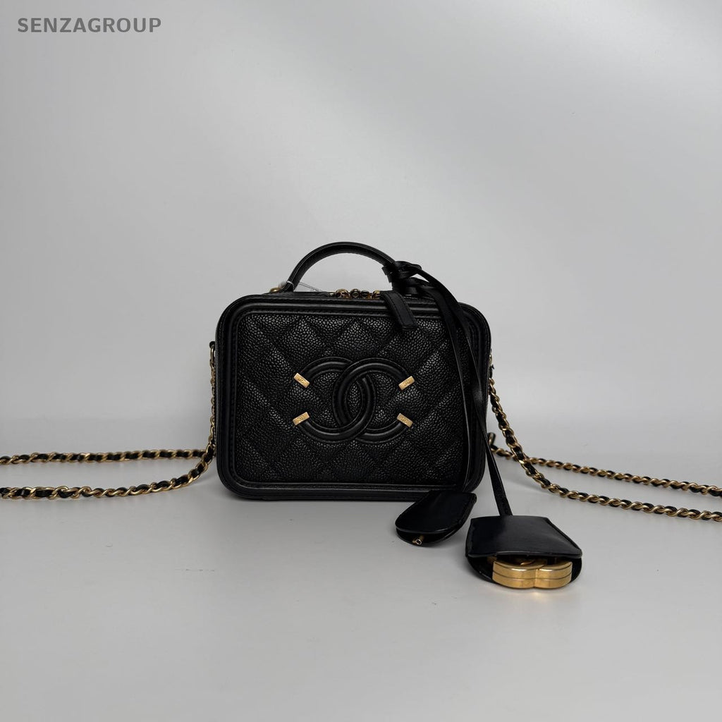 SJ0001 Chanel Vanity Case Small in Black Caviar Leather with Quilted Detail