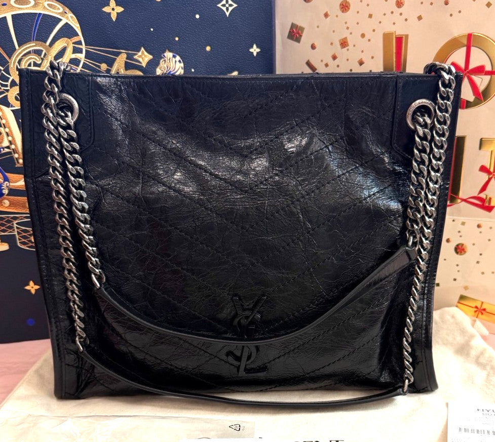 Saint Laurent Niki Shopping Bag Tote Chain Shoulder Bag Black Silver Used Women