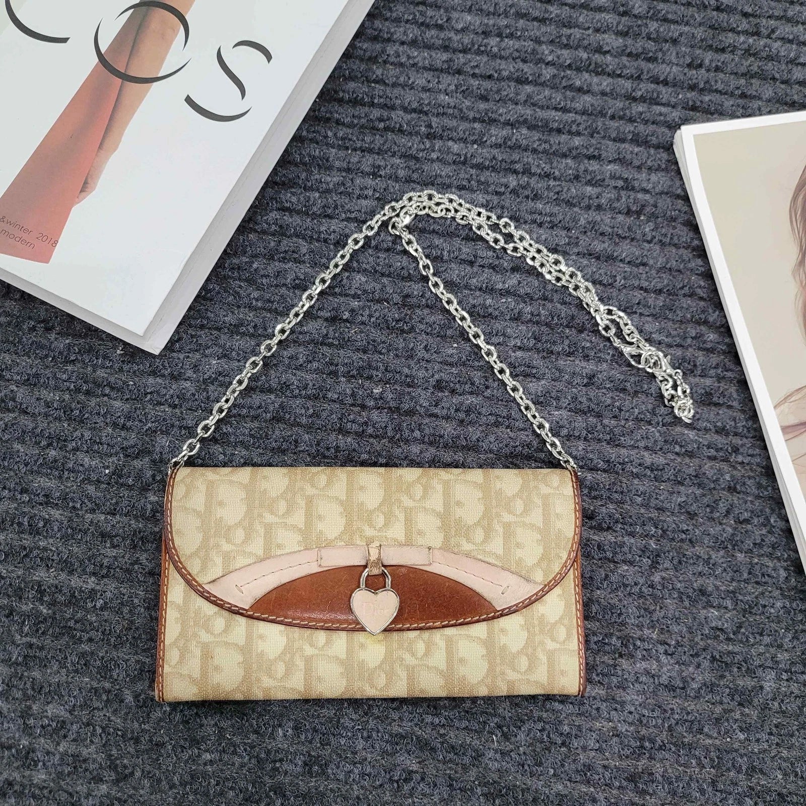 Dior Vintage Monogram Canvas Heart Lock Long Wallet Crossbody Women